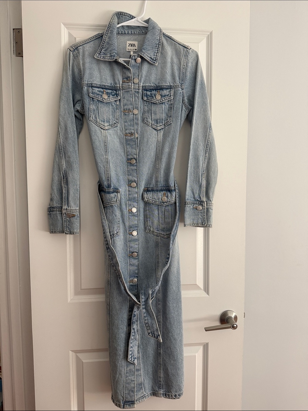 Zara Light Blue Denim Midi Shirt Dress with Tie Waist
